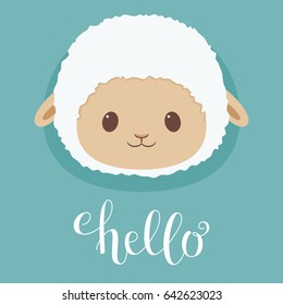 Cute sheep/lamb head. Hand writing "Hello". Vector illustration