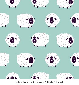 Cute Sheeps Boyish Baby Seamless Vector Pattern. Soft Blue Animal Design For Swaddle Blanket And Apparel Fabric.
