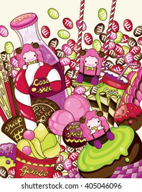 Cute Sheeps in Candy town. Illustration  dessert and snack menu with pink sheep. 