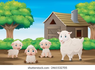 Cute sheeps cartoon in the farm