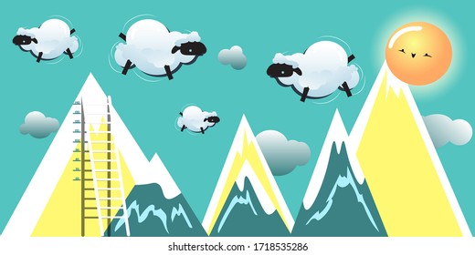 Cute sheeps in cloud form above mountains. Cute sun in clouds. Wallpaper for kids bedroom. Vector illustration.