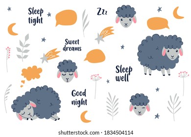 Cute sheeps collection. Sweet dreams, Counting sheeps - Baby nursery collection. Vector