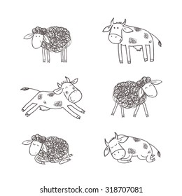 Cute sheeps and cows. Children's illustration in a doodle style.