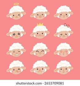Cute sheeps emoji. Funny curly lamb heads, different emotions, fluffy farm animal character, negative and positive mood, happy, angry and crying, cartoon flat isolated garish vector set