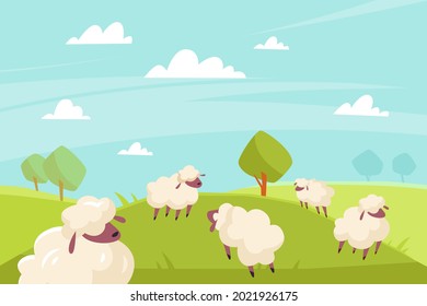 Cute sheeps grazing. Green meadows and blue sky, countryside summer sunny landscape, farm animals outdoors. Cute fluffy ewe in nature background. Rural scene, vector cartoon flat isolated concept