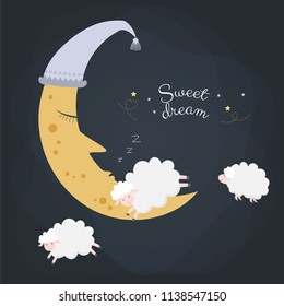 Cute sheeps jumping over moon.