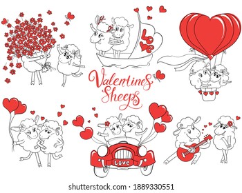 Cute sheeps in love. Valentines day big set for your design. Collection of doodle vector illustrations.