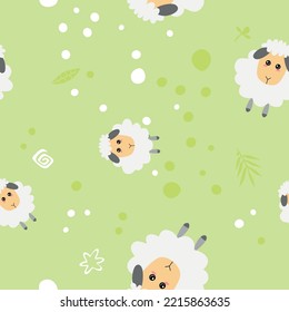 Cute sheeps on green background. Seamless pattern.