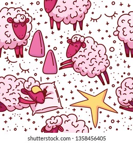 Cute sheeps vector illustration. The concept of trying to sleep, counting the sheep, insomnia, sleep disorders, baby sleep. Vector Seamless pattern.