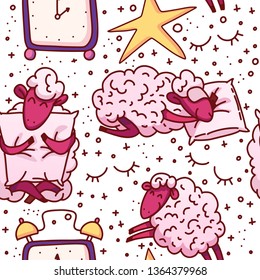 Cute sheeps vector illustration. The concept of trying to sleep, counting the sheep, insomnia, sleep disorders, baby sleep. Vector Seamless pattern.