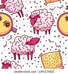 Cute sheeps vector illustration. The concept of trying to sleep, counting the sheep, insomnia, sleep disorders, baby sleep. Vector Seamless pattern.