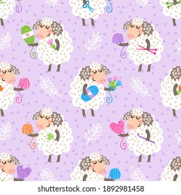 Cute sheeps with yarn vector seamless pattern