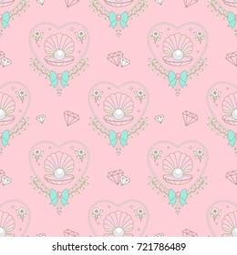 Cute shell and floral in heart shape seamless pattern and green bow decorated with gems and pearl.