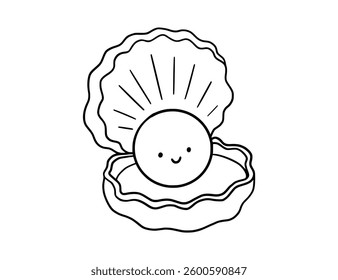 Cute shell, line smiling sea doodle illustration for children. Vector nautical drawing for coloring page