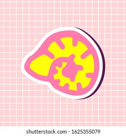 Cute shell yellow and pink colors sticker isolated on textured background. Sign girly element. Vector illustration in cartoon style. Monochrome clip art icons for design. Simple doodle bright print.