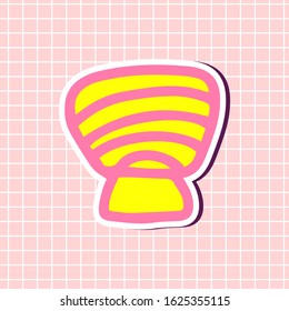 Cute shell yellow and pink colors sticker isolated on textured background. Sign girly element. Vector illustration in cartoon style. Monochrome clip art icons for design. Simple doodle bright print.
