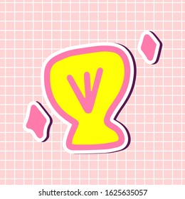 Cute shell in yellow and pink colors sticker isolated on textured background. Sign girly element. Vector illustration in cartoon style. Monochrome clip art icons for design. Simple bright print.
