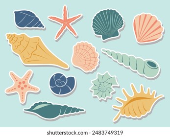 Cute shells sticker pack. Hand drawn color seashell collection. Ocean sea life conch coral starfish. Marine underwater abstract elements. Summer vacation Vector set for scrapbook