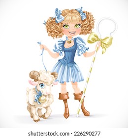 Cute shepherdess with lamb isolated on a white background