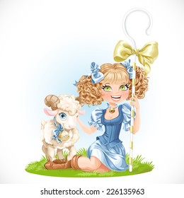 Cute shepherdess with lamb sit on green grass