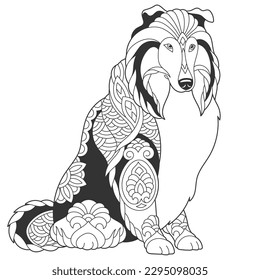 Cute shetland sheepdog dog design. Animal coloring page with mandala and zentangle ornaments