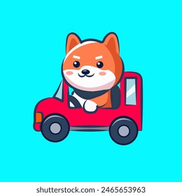 cute shiba cartoon character go on red car for elements, clipart and sticker