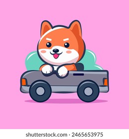 cute shiba cartoon character go on car for elements, clipart and sticker