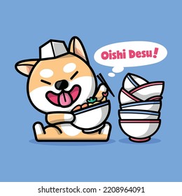 CUTE SHIBA CHEF IS EATING SOME BOWL OF RAMEN CARTOON ILLUSTRATION