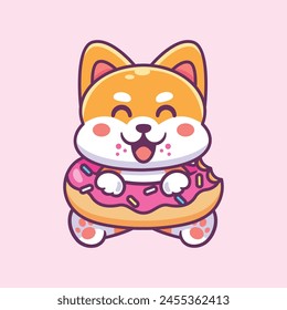 cute shiba dog is eating donuts