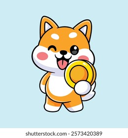 cute shiba dog holding gold coins