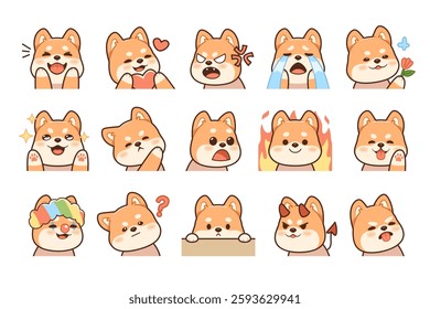 Cute shiba dog portraits. Funny emoji, different poses and emotions, kawaii dog characters, anime puppy, japanese breed, happy and sad, cartoon flat style isolated sticker tidy vector set