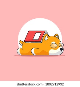 Cute Shiba dog wearing reading glass tired and sleep after read the thick book vector outline illustration mascot