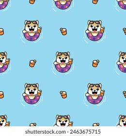 A CUTE SHIBA DOG IS WEARING RUBBER RING AND ORANGE JUICE SEAMLESS PATTERN