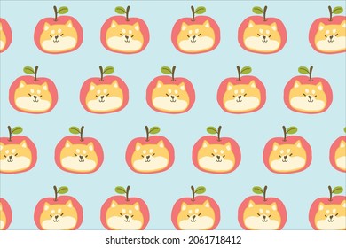 Cute Shiba head with apple hat seamless pattern on white background.