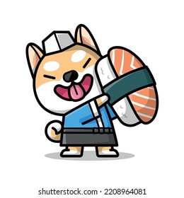 CUTE SHIBA IS HOLDING A BIG SUSHI CARTOON ILLUSTRATION