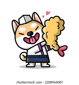 CUTE SHIBA IS HOLDING A BIG TEMPURA CARTOON ILLUSTRATION