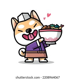 CUTE SHIBA TIENE UNA BOCA DE ILUSTRACIÓN DE CARICATURA DE NOODLE DE RAMEN