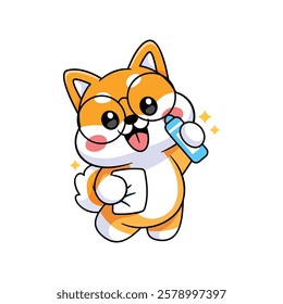 cute shiba holding crayon illustration vector