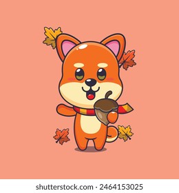 Lindo shiba inu con bellotas en la temporada de otoño. Ilustración vectorial de dibujos animados de la mascota conveniente para el póster, folleto, Web, mascota, etiqueta engomada, logotipo e icono.