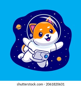 Cute Shiba Inu Astronaut Cartoon Vector Icon Illustration. Animal Science Icon Concept Isolated Premium Vector. Flat Cartoon Style