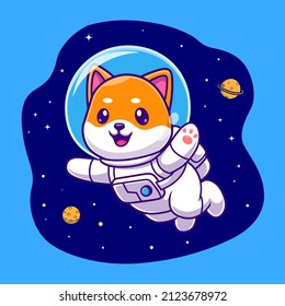 Cute Shiba Inu Astronaut Floating In Space Cartoon Vector Icon Illustration. Animal Science Icon Concept Isolated Premium Vector. Flat Cartoon Style