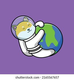 Cute Shiba Inu Astronaut On Earth Cartoon Vector Icon Illustration. Animal Science Icon Concept Isolated Premium Vector.