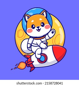 Cute Shiba Inu Astronaut Riding Rocket In Moon Space Cartoon Vector Icon Illustration. Science Animal Icon Concept Isolated Premium Vector. Flat Cartoon Style