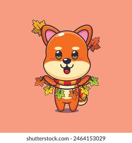 Lindo shiba inu con decoración de hojas de otoño. Ilustración vectorial de dibujos animados de la mascota conveniente para el póster, folleto, Web, mascota, etiqueta engomada, logotipo e icono.