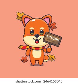 Lindo shiba inu con cartel de otoño. Ilustración vectorial de dibujos animados de la mascota conveniente para el póster, folleto, Web, mascota, etiqueta engomada, logotipo e icono.