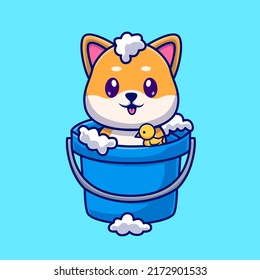 Schlucken Sie Shiba ins Baden in Eimer mit bunten Cartoon Vektorsymbol Illustration. Tiernatur-Symbol Konzept isolierter Premium-Vektorgrafik. Flachbildkartonstil