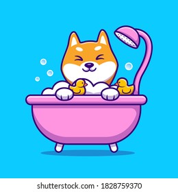 Cute Shiba Inu Bathing Shower In Bathtub Cartoon Vector Icon Illustration. Animal Love Icon Concept Isolated Premium Vector. Flat Cartoon Style svg