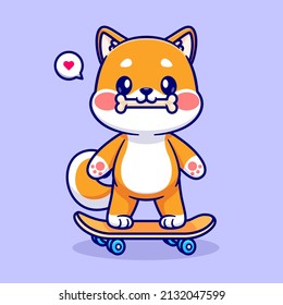 Cute Shiba Inu Bite Bone On Skateboard Cartoon Vector Icon Illustration. Animal Sport Icon Concept Isolated Premium Vector. Flat Cartoon Style