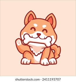 Cute shiba inu bite bone  cartoon illustration