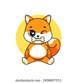 Cute Shiba inu Biting Bone Cartoon Vector Illustration. Isolated Premium Vector